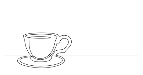 continuous line drawing of cup of coffee with saucer