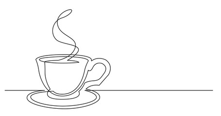 contiuous line drawing of coffee pot pouring hot coffee in cup