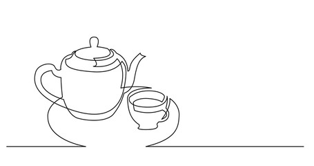 continuous line drawing of cup of tea and tea pot