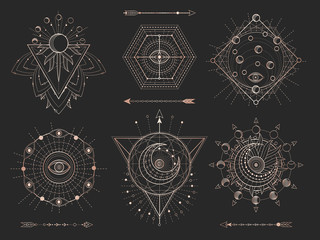 Vector set of Sacred geometric symbols and figures on black background. Gold abstract mystic signs collection.