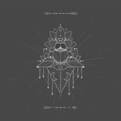 Vector illustration with hand drawn Scarab and Sacred geometric symbol on black background. Abstract mystic sign.