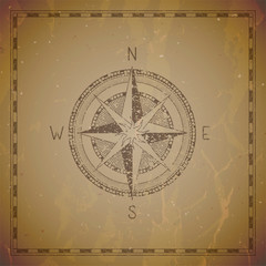 Fototapeta na wymiar Vector illustration with a vintage compass or wind rose and frame on grunge background.