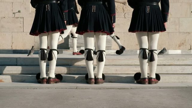 Still View 5 Evzones at Changing Guards Ceremony at Tomb Unknown Soldiers Athens