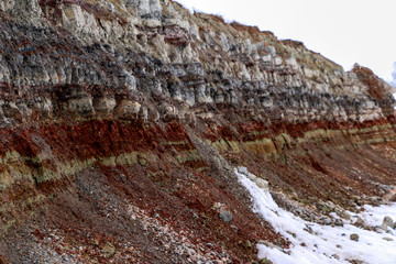  texture of different layers of clay underground in  clay quarry after geological study of soil.