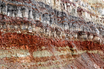  texture of different layers of clay underground in  clay quarry after geological study of soil.