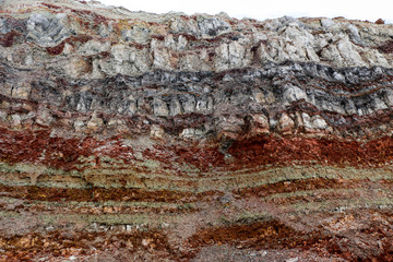  texture of different layers of clay underground in  clay quarry after geological study of soil.