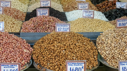 various nuts and fruits at athens central market