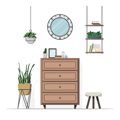 Home interior. Bedroom. Furniture, decor – commode, mirror, plants, shelf. Flat style vector illustration.