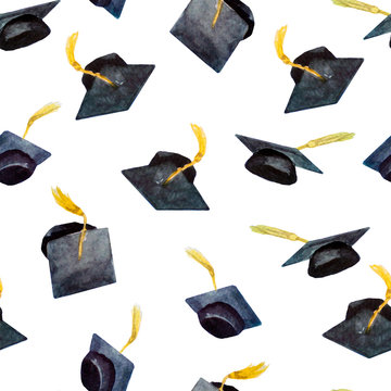 seamless pattern of watercolor elements for graduation, hand-drawn graduation caps