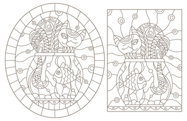 Set of contour illustrations of stained glass Windows with funny cats on aquariums , dark contours on white background