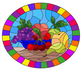 Illustration in stained glass style with still life, fruits and berries in blue bowl, oval image in bright frame