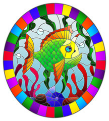 Illustration in stained glass style with a pair bright  fish on the background of water and algae,oval picture in a bright frame