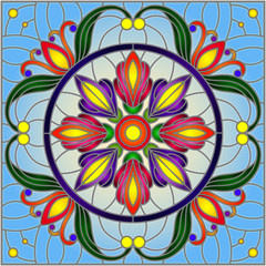 Illustration in stained glass style with abstract floral ornaments, flowers, leaves and curls on blue background, square image