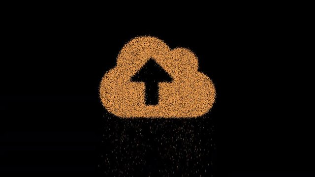 Symbol cloud upload appears from crumbling sand. Then crumbles down. Alpha channel Premultiplied - Matted with color black