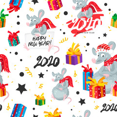 Seamless pattern of rats, mice, gift boxes and numbers 2020. Happy new year