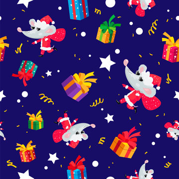 Seamless pattern of rats, mice, and gift boxes. Happy new year © chekart