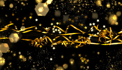 shiny golden tinsel and stars confetti on black holiday background. Festive concept, Christmas, new year, party,  birthday template. trendy festive decorations, fun bright project. soft focus