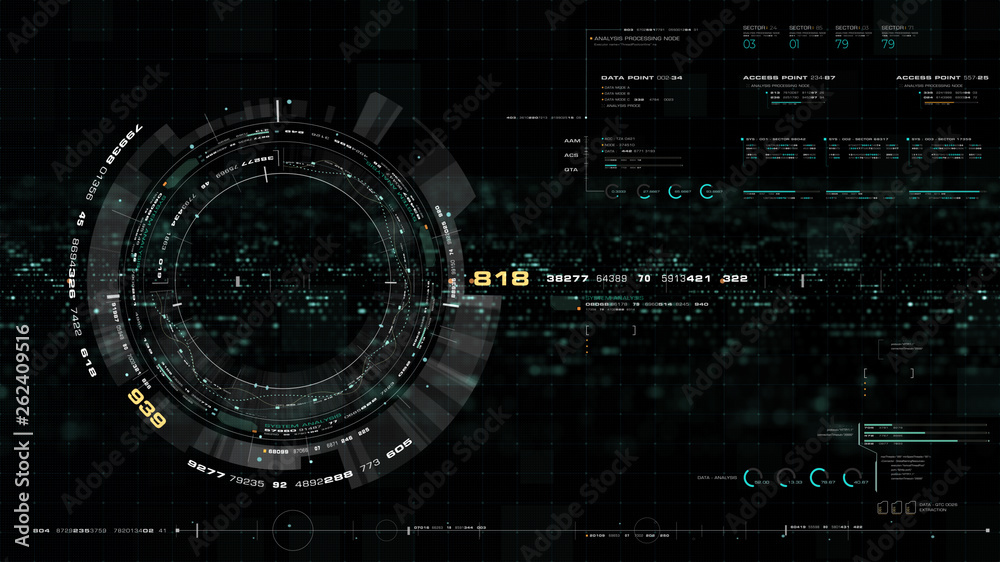 Fototapete Futuristic motion graphic user interface head up display screen with Holographic Earth and digital data telemetry information display for digital background computer desktop display screen