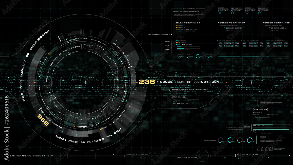 Poster Futuristic motion graphic user interface head up display screen with Holographic Earth and digital data telemetry information display for digital background computer desktop display screen