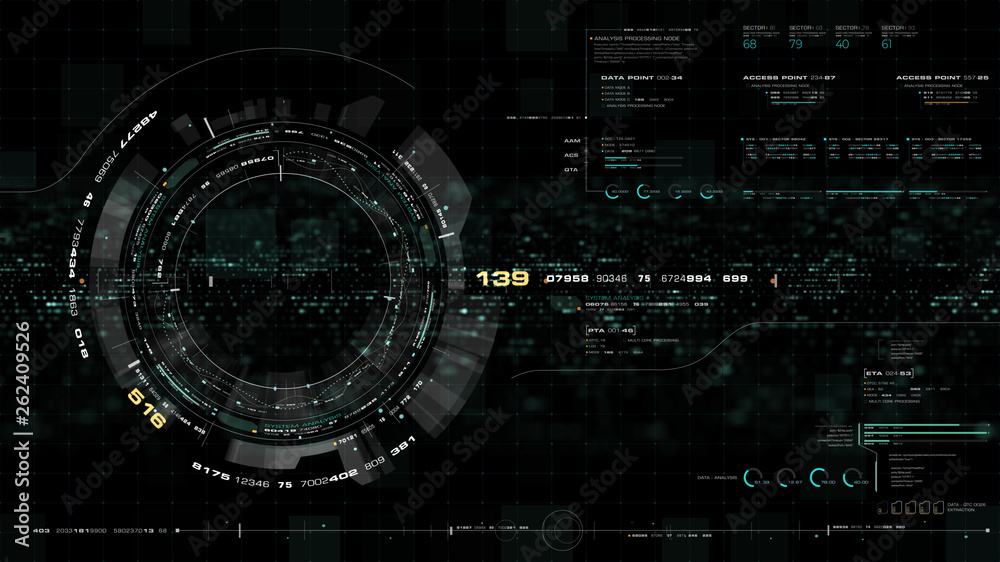 Fototapete Futuristic motion graphic user interface head up display screen with Holographic Earth and digital data telemetry information display for digital background computer desktop display screen