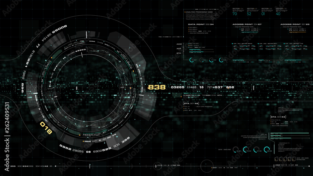 Poster Futuristic motion graphic user interface head up display screen with Holographic Earth and digital data telemetry information display for digital background computer desktop display screen
