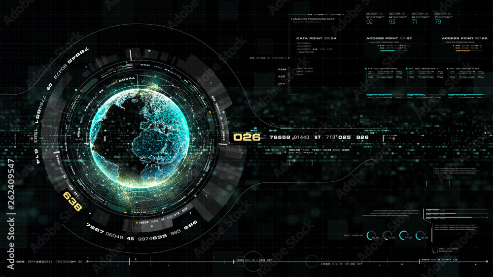 Aufkleber Futuristic motion graphic user interface head up display screen with Holographic Earth and digital data telemetry information display for digital background computer desktop display screen