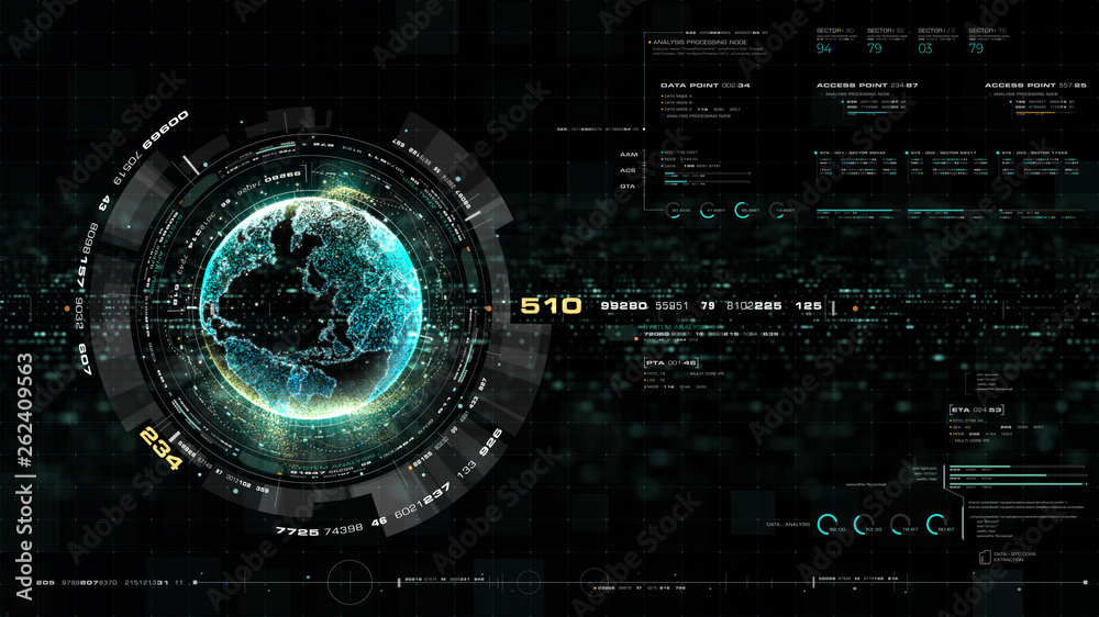 Aufkleber Futuristic motion graphic user interface head up display screen with Holographic Earth and digital data telemetry information display for digital background computer desktop display screen