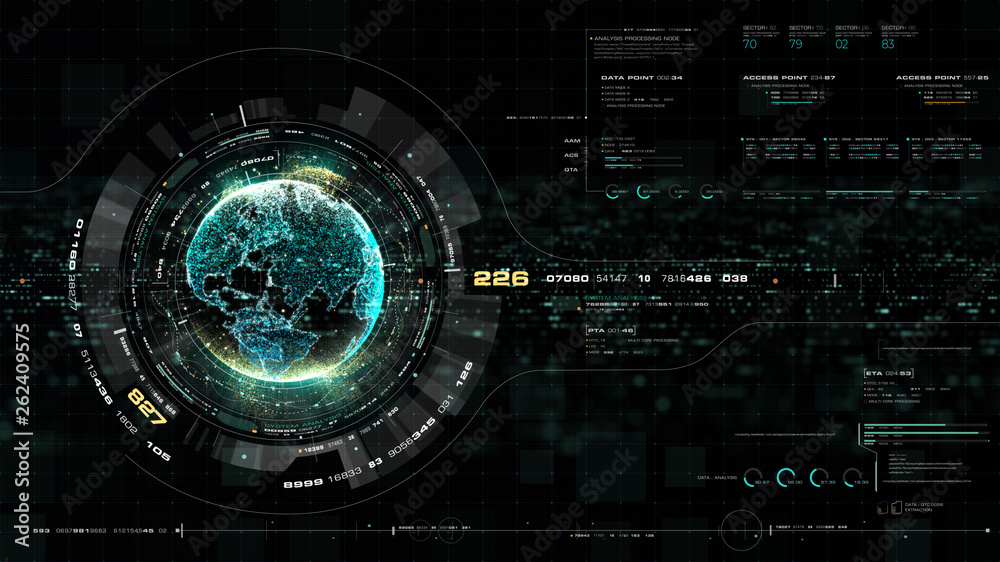 Aufkleber Futuristic motion graphic user interface head up display screen with Holographic Earth and digital data telemetry information display for digital background computer desktop display screen