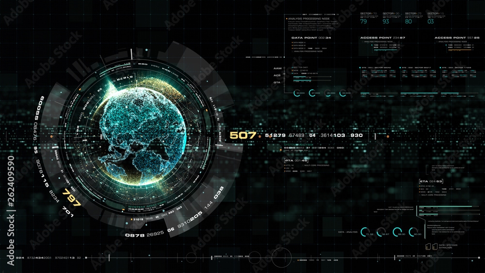 Aufkleber Futuristic motion graphic user interface head up display screen with Holographic Earth and digital data telemetry information display for digital background computer desktop display screen