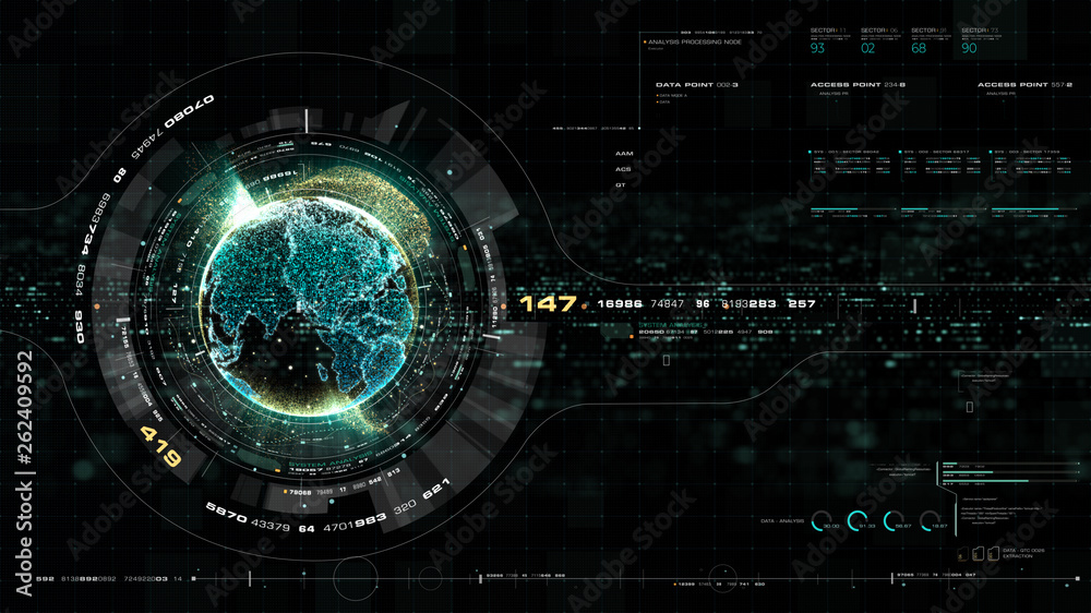 Fototapete Futuristic motion graphic user interface head up display screen with Holographic Earth and digital data telemetry information display for digital background computer desktop display screen