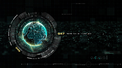 Futuristic motion graphic user interface head up display screen with Holographic Earth and digital data telemetry information display for digital background computer desktop display screen