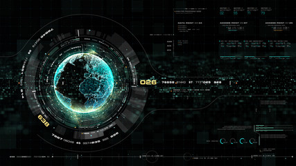 Futuristic motion graphic user interface head up display screen with Holographic Earth and digital data telemetry information display for digital background computer desktop display screen