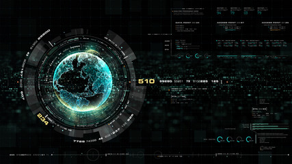 Futuristic motion graphic user interface head up display screen with Holographic Earth and digital data telemetry information display for digital background computer desktop display screen