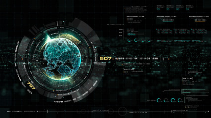 Futuristic motion graphic user interface head up display screen with Holographic Earth and digital data telemetry information display for digital background computer desktop display screen