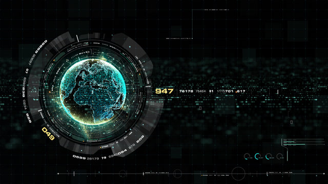 Futuristic motion graphic user interface head up display screen with Holographic Earth and digital data telemetry information display for digital background computer desktop display screen