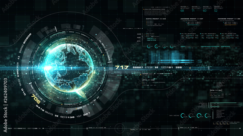 Poster Futuristic motion graphic user interface head up display screen with Holographic Earth and digital data telemetry information display for digital background computer desktop display screen