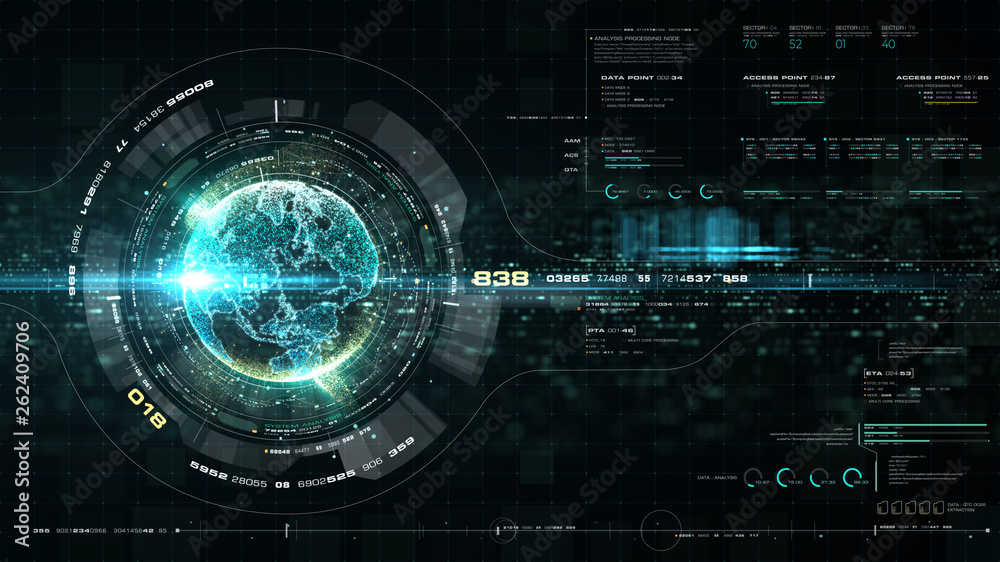 Aufkleber Futuristic motion graphic user interface head up display screen with Holographic Earth and digital data telemetry information display for digital background computer desktop display screen