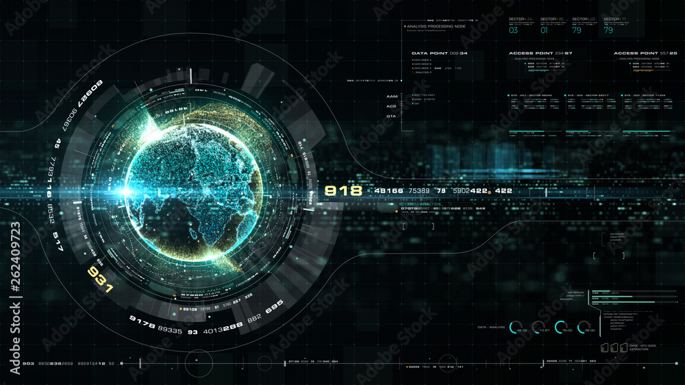 Fototapete Futuristic motion graphic user interface head up display screen with Holographic Earth and digital data telemetry information display for digital background computer desktop display screen