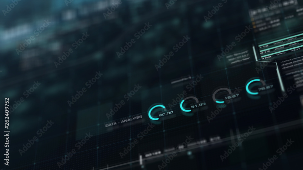 Fototapete Futuristic motion graphic user interface head up display screen with Holographic Earth and digital data telemetry information display for digital background computer desktop display screen