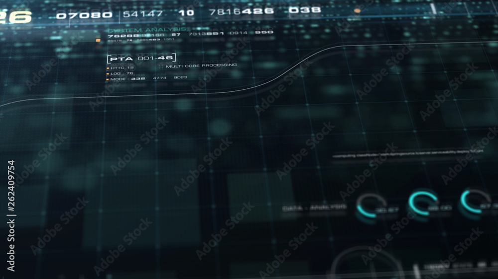 Aufkleber Futuristic motion graphic user interface head up display screen with Holographic Earth and digital data telemetry information display for digital background computer desktop display screen