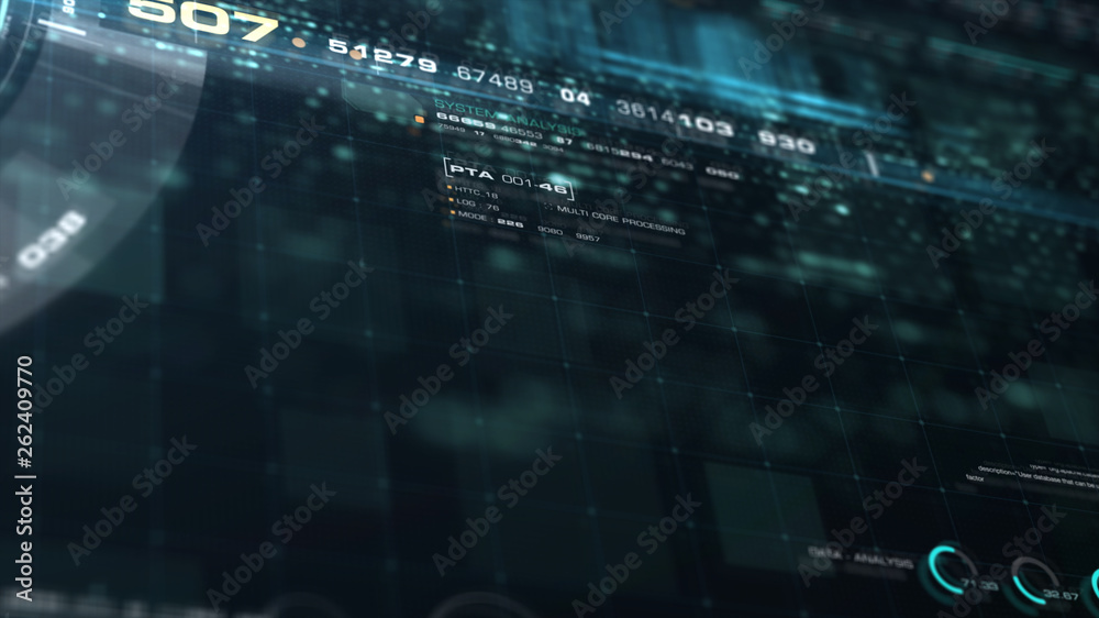 Leinwandbilder Futuristic motion graphic user interface head up display screen with Holographic Earth and digital data telemetry information display for digital background computer desktop display screen
