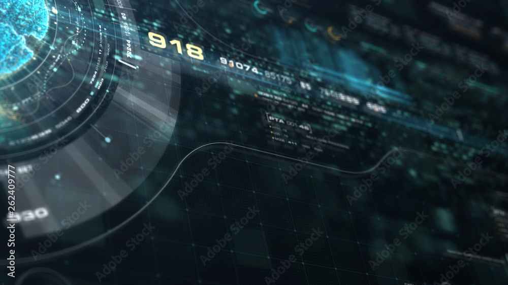 Aufkleber Futuristic motion graphic user interface head up display screen with Holographic Earth and digital data telemetry information display for digital background computer desktop display screen