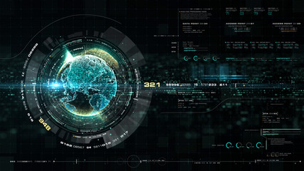 Futuristic motion graphic user interface head up display screen with Holographic Earth and digital data telemetry information display for digital background computer desktop display screen