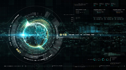 Futuristic motion graphic user interface head up display screen with Holographic Earth and digital data telemetry information display for digital background computer desktop display screen