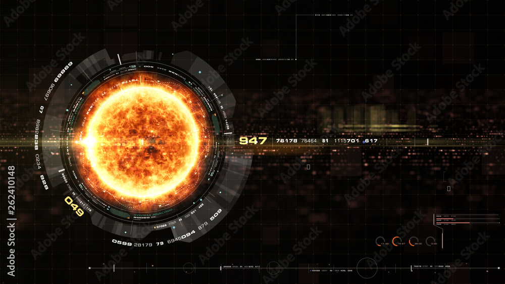 Poster Futuristic motion graphic user interface head up display screen with Holographic Sun Corona Particles and digital data telemetry information display for digital background