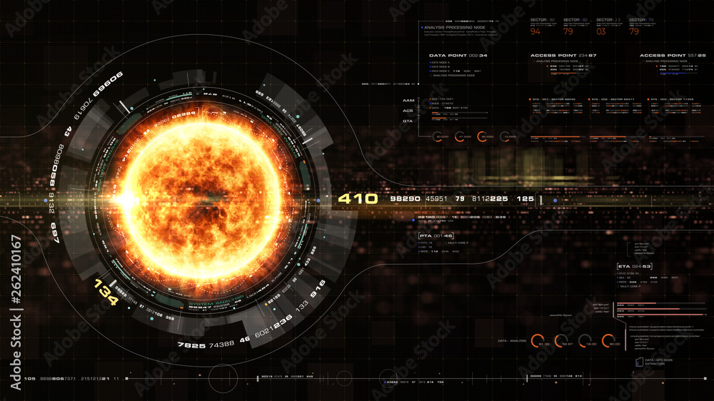Aufkleber Futuristic motion graphic user interface head up display screen with Holographic Sun Corona Particles and digital data telemetry information display for digital background