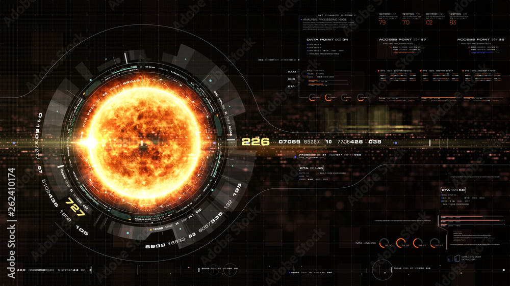 Aufkleber Futuristic motion graphic user interface head up display screen with Holographic Sun Corona Particles and digital data telemetry information display for digital background