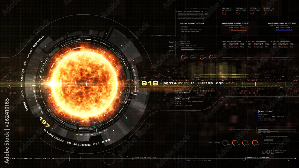 Poster Futuristic motion graphic user interface head up display screen with Holographic Sun Corona Particles and digital data telemetry information display for digital background