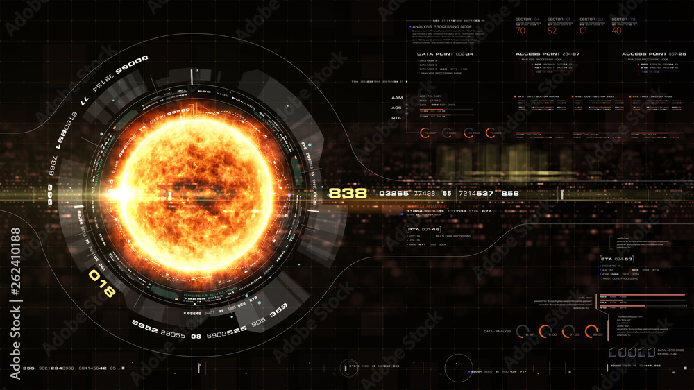 Fototapete Futuristic motion graphic user interface head up display screen with Holographic Sun Corona Particles and digital data telemetry information display for digital background