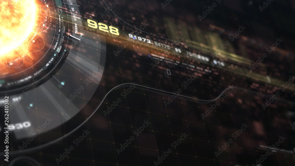 Poster Futuristic motion graphic user interface head up display screen with Holographic Sun Corona Particles and digital data telemetry information display for digital background